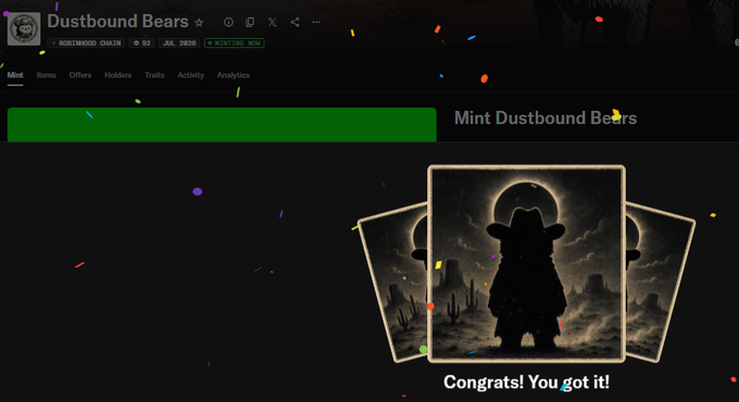A screenshot of a website titled 'Dustbound Bears' on the ROSEONWOOD CHAIN, showing a 'Mint Dustbound Bears' section with the message 'Congrats! You got it!' beneath three dark cards featuring silhouettes of bears.