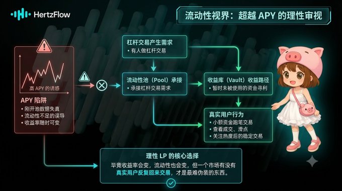 The image, branded with the "HertzFlow" logo, presents a Chinese-language infographic titled "流动性视界：超越 APY 的理性审视" (Liquidity Horizon: A Rational Review Beyond APY), using a cartoon pig character to explain why chasing high APY can be misleading—it warns that leveraged trading needs rely on liquidity pools and vault yields, but true user behavior drives sustainable returns. A flowchart highlights "APY 陷阱" (APY trap), noting that just-launched pools suffer from data loss and uncertain rewards, illustrating the post's warning about being misled by inflated yields from new, thinly-traded protocols.