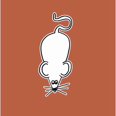 A minimalist line-art illustration of an upside-down white mouse with a long curly tail, set against a solid orange background.