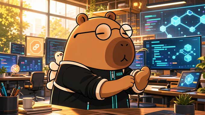 The image features a cartoon bear sitting at a desk with a laptop computer in front of him. The bear appears to be wearing glasses and has his arms crossed, giving off an impression that he's deep in thought or contemplating something. There are several monitors on the wall behind the bear, suggesting that it might be a workspace for someone who works with computers.