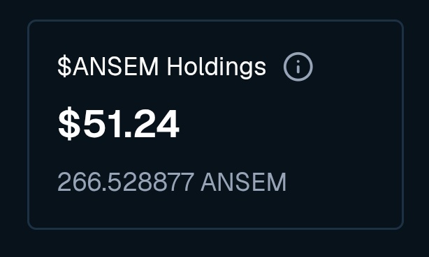 A dark screen displaying a crypto holdings summary for '$ANSEM Holdings' valued at $51.24, equivalent to 266.528877 ANSEM tokens.