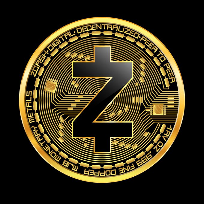 A gold Zcash (ZEC) cryptocurrency coin is displayed against a black background, featuring the iconic "Z" symbol and inscriptions including "ZORISH," "DECENTRALIZED," "PEER TO PEER," and ".999 FINE COPPER," visually reinforcing the bold price prediction of ZEC reaching $10,000+ in the current cycle.