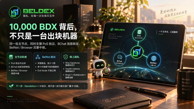 A promotional graphic for Beldex features the headline "10,000 BDX 背后，不只是一台出块机器" (Behind 10,000 BDX, it's not just a block-producing machine), with a laptop displaying a Beldex ecosystem diagram connecting PoS, BChat, and BelNet, alongside a small robot mascot holding coins on a desk. The image visually reinforces the post's message by highlighting the multi-functional role of a Beldex masternode, detailing its capabilities in PoS validation, privacy (chain privacy), and acting as a traffic relay for BelNet and Browser, as shown in the side panels.
