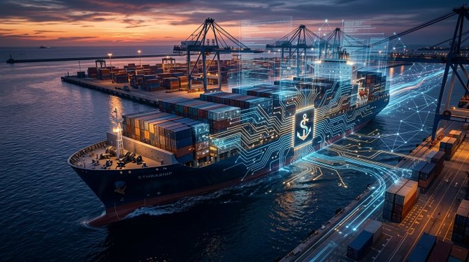 An image of a large cargo ship at a shipping port at sunset, overlaid with glowing digital network lines and a central anchor icon.