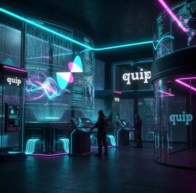 A futuristic cyberpunk scene with neon blue and pink lights, featuring people at digital kiosks, holographic displays, and the word "quip" repeated on screens and walls in a high-tech facility.