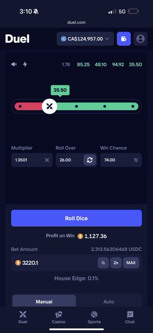 A screenshot of the Duel dice game on duel.com showing a balance of CA$124,957.00, with a current roll set at 35.50, a 1.35x multiplier, and a bet amount of 3,220.01 USDC yielding a potential profit of 1,127.36. The streamer is seeking advice on who to "flip" this balance to by gambling, as displayed in the betting interface.