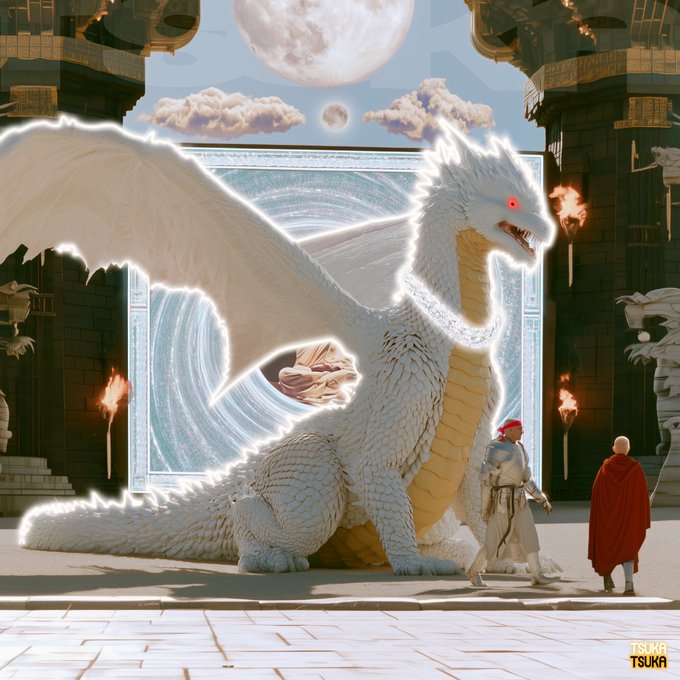 A 3D-rendered fantasy scene shows a massive white dragon with glowing red eyes sitting before a stone temple, while two figures approach; the watermark "TSUKA TSUKA" appears in the lower right.