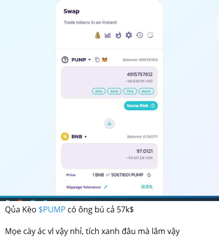 A screenshot of a cryptocurrency Swap interface showing a token swap from PUMP to BNB, with a balance of 4,915,756.12 USD, and Vietnamese text noting that the $PUMP token has a market cap of $57k.