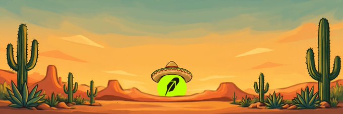 A pixel-art style landscape of a desert sunset with cacti, mesas, and a green circular icon featuring a sombrero and a black leaf symbol in the center.