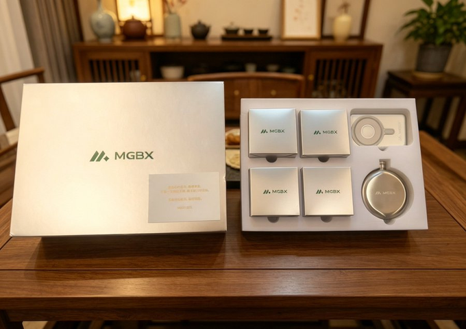 An MGBX brand gift box and its contents, including four silver 'MGBX' containers and a teapot, are displayed on a wooden table with traditional Asian decor in the background.