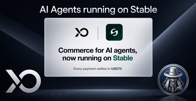 The image is a promotional graphic announcing "AI Agents running on Stable," featuring the Xona and Stable logos alongside the message "Commerce for AI agents, now running on Stable" with payments settling in USDT0. It visually supports the post's announcement of Xona expanding onto the Stable chain to leverage its USD0 ecosystem.
