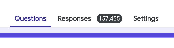 A cropped screenshot of a dashboard navigation bar showing tabs labeled "Questions," "Responses" with a count of "157,455," and "Settings," highlighting the massive response volume to a form or airdrop request, which the poster humorously compares to their own claim of "over 157,000" airdrop requests.