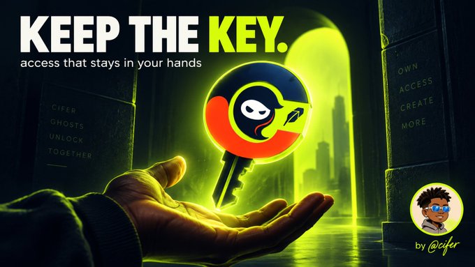 A promotional graphic reading "KEEP THE KEY. access that stays in your hands" featuring a Cifer Ghosts key logo held in a hand, by @ccifer.