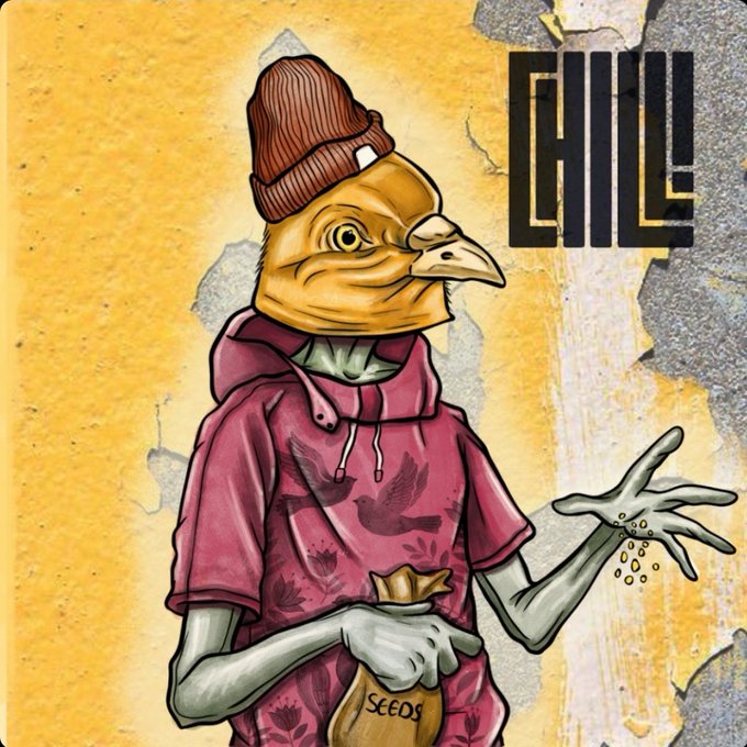 A cartoon illustration of a humanoid chicken wearing a red beanie and pink hoodie, holding a bag labeled 'SEEDS', with the large black text 'CHILL' in the upper right corner.