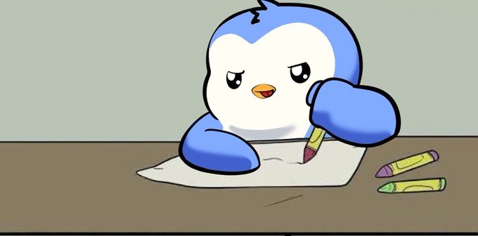 A sad cartoon penguin-like bird with blue and white feathers crying while drawing on a piece of paper with a crayon.