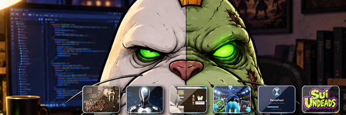 A website banner featuring a split-face cartoon character (half-white rabbit, half-green zombie) above several game thumbnails, including "Wartales" and "Sui Undeads."
