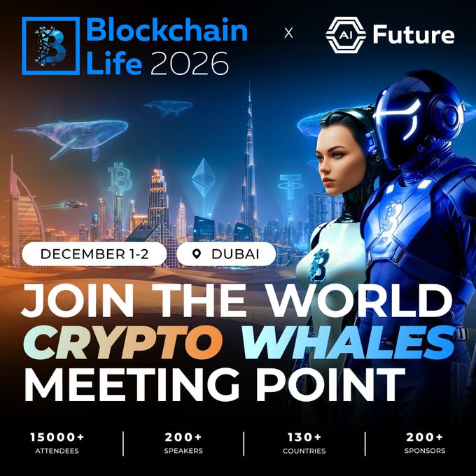 Promotional graphic for **Blockchain Life 2026 × AI Future**, taking place **December 1-2 in Dubai**, featuring a futuristic Dubai skyline with whales, Bitcoin/Ethereum icons, and a woman alongside a robot, highlighting stats of **15,000+ attendees, 200+ speakers, 130+ countries, and 200+ sponsors**. The image supports the EVEDEX post by showcasing the major crypto conference where their chairman will speak and offering a **10% discount code "EVEDEX"** for attendees.