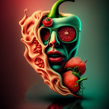 A surreal digital artwork featuring a face with tomato-slice sunglasses emerging from a pizza-shaped structure alongside strawberries.