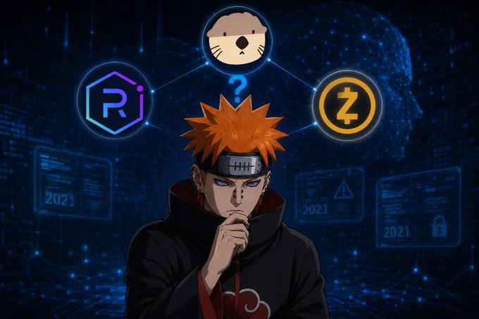 The image features a cartoon character with orange hair, dressed in a black outfit, standing against a blue background. The character has their hand over their mouth as if pondering something or thinking deeply about a problem. In front of the character's head is a computer screen displaying various icons and logos related to cryptocurrency, such as Bitcoin and ZEC. The image also includes text that reads "Today, Raydium got exploited through an old contract from 2021", which suggests that the vulnerability was discovered recently due to an outdated contract.