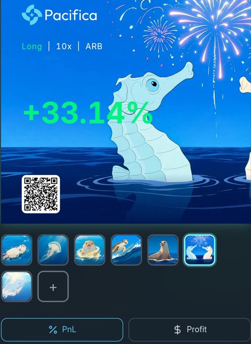 Pacifica trading app screenshot featuring a seahorse illustration with fireworks background and '+33.14%' PnL displayed in green, labeled 'Long | 10x | ARB' with a QR code and emoji icons.