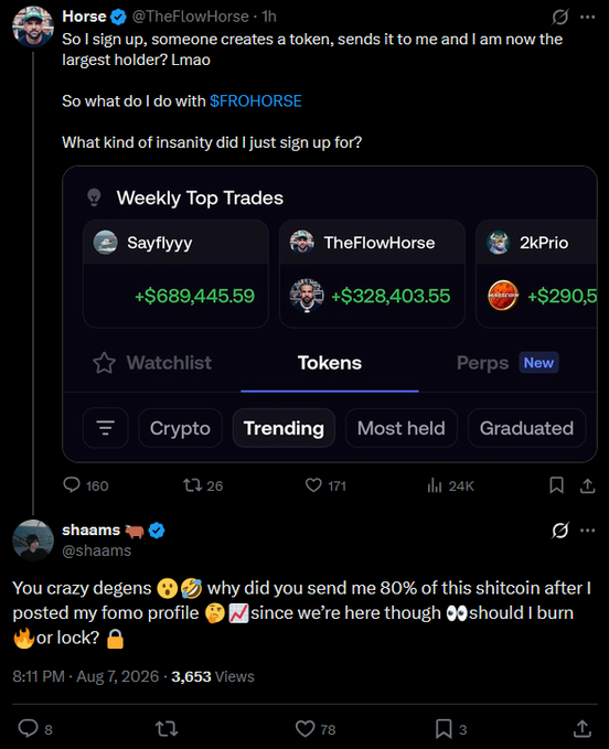 The image shows two X posts where "TheFlowHorse" signs up for a platform and is automatically given 80% of a token called "$FROHORSE," becoming the largest holder, followed by "shaams" humorously questioning whether to burn or lock the tokens. This illustrates the accompanying caption's point about KOLs publicly sharing wallet addresses and then acting surprised when creators flood them with creator coins, as the FROHORSE token—with top trades showing gains of $689,445.59 for Sayfiyyy, $328,403.55 for TheFlowHorse, and $290,5xx for 2kPrio—highlights the financial absurdity of this cycle.