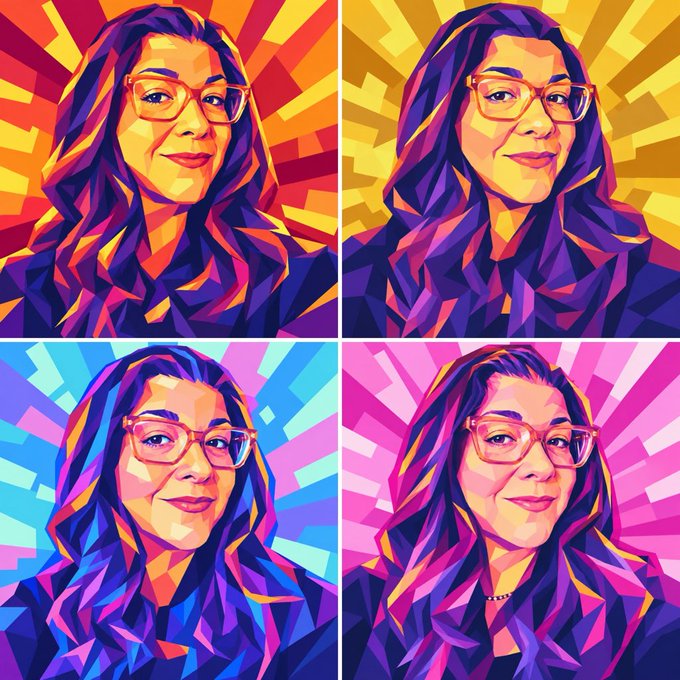 A pop-art style composite image featuring four panels of the same woman with long wavy hair and glasses, each rendered in a different vibrant color scheme—red/yellow, gold, blue/purple, and pink—with radiating sunburst backgrounds.