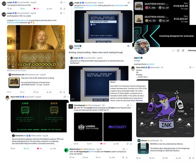 A grid of social media posts and tweets includes visible text such as 'QUOTRON 494', 'sergio', 'Val', '@inkonchain', 'London Stock Exchange', and 'kraken', alongside graphics for cryptocurrency and stock trading.