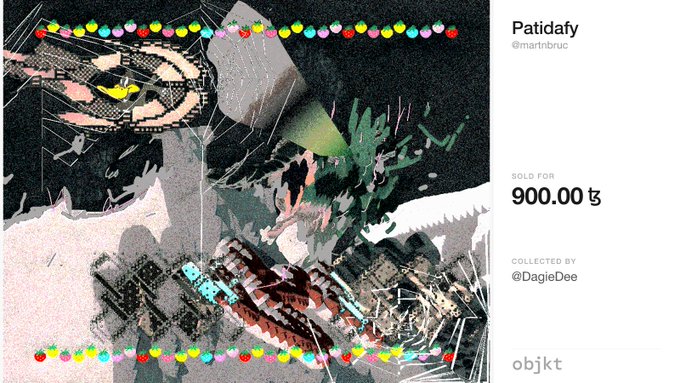 A digital NFT artwork titled 'Patidafy' by @martnbruc, sold for 900.00 with colorful beaded borders and abstract imagery, collected by @DagjeDee on objkt.