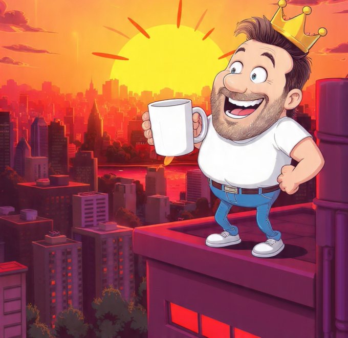 A cartoon man wearing a crown stands on a rooftop holding a white coffee mug, with a vibrant orange sunset and city skyline in the background, capturing the cheerful "morning king" vibe of the "Gm everyone" post.