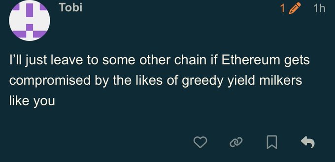 A screenshot of a social media post by user "Tobi" featuring a purple avatar and a pencil icon indicating an edit, where Tobi writes: "I'll just leave to some other chain if Ethereum gets compromised by the likes of greedy yield milkers like you." This post prompted a response defending home stakers, arguing they aren't "greedy yield milkers" but rather contributors to Ethereum's decentralization who shoulder real costs, and criticizing such rhetoric as harmful.