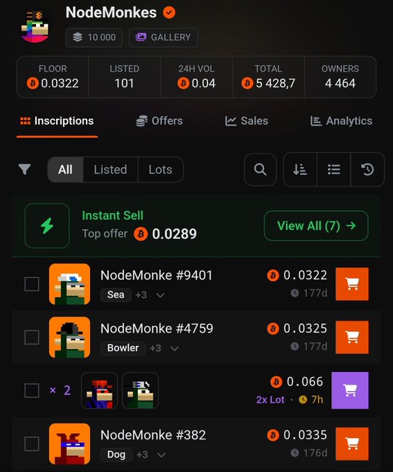 A mobile app interface for 'NodeMonkes' showing NFT stats including a floor price of 0.0322, 24H VOL of 0.04, and a list of listed items like 'NodeMonke #9401' and 'NodeMonke #4759' with their respective prices.