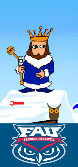A king in blue robes wearing a crown holds a scepter, standing atop an iceberg beside an owl, with the FAU Florida Atlantic Owls logo displayed below—evoking the medieval "Game of Thrones" theme tied to FAU's historic Final Four run and championship pursuit, with the post celebrating their first-place position.