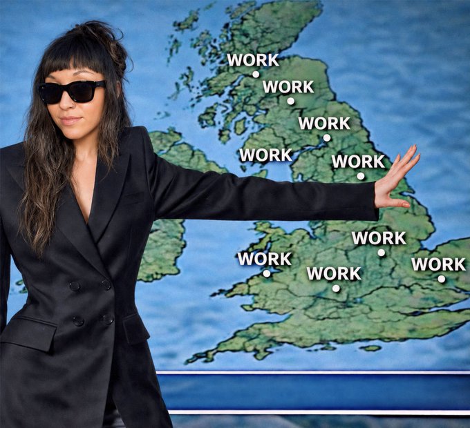 A woman in a black blazer and sunglasses standing in front of a map of the UK and Ireland, with the word 'WORK' labeled at multiple locations across the map.