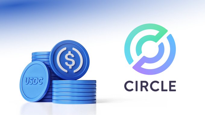 A promotional graphic showing stacks of blue USDC (USD Coin) cryptocurrency tokens alongside the Circle logo on a light blue gradient background.