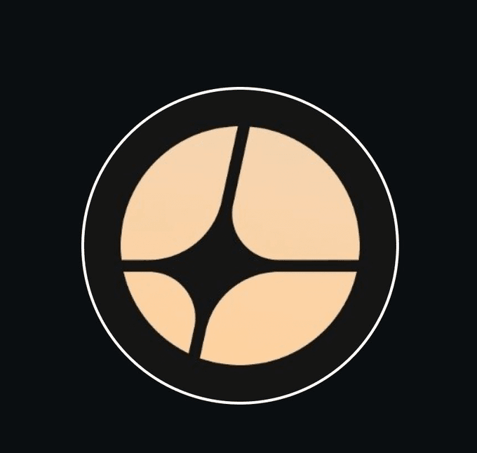 A minimalist graphic featuring a peach-colored circle with curved lines forming a stylized star/sparkle pattern on a dark background.