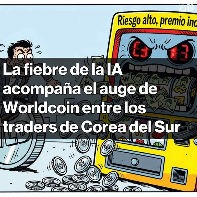 A Spanish-language news graphic features an illustration of a menacing slot machine about to consume coins, with text reading 'La fiebre de la IA acompaña el auge de Worldcoin entre los traders de Corea del Sur.'
