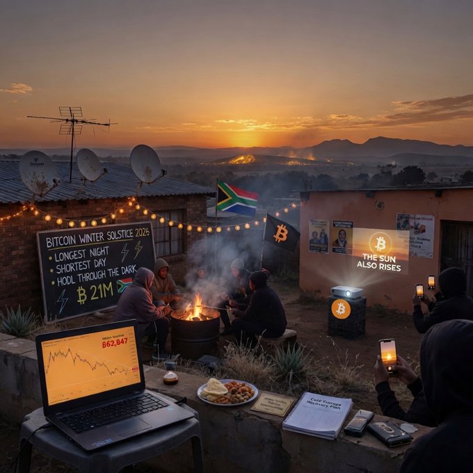 The image shows a group of people gathered around a laptop computer outdoors at sunset. The setting appears to be a rural area with a brick building nearby. There are several people sitting around, some holding cell phones or other devices. A banner can also be seen in the background. The sun is setting behind them, creating a warm and inviting atmosphere for their gathering.

The post on social media reads: "Good morning. Happy Winter Solstice. On the ₿right side, the days will get longer now. Chin up, buttercup." This message seems to be related to the current time of day or season, possibly indicating that it is either the winter solstice or approaching dusk. The gathering around the laptop and devices suggests a casual social event where people are enjoying each other's company while using technology for entertainment or communication purposes.