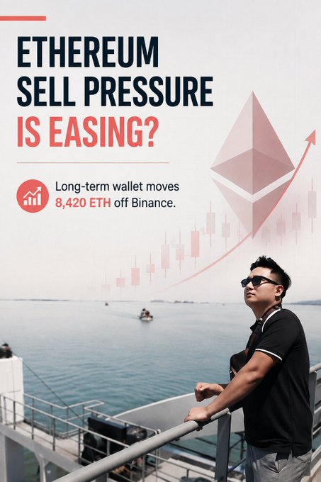 Promotional graphic titled 'ETHEREUM SELL PRESSURE IS EASING?' noting 'Long-term wallet moves 8,420 ETH off Binance,' featuring a man looking out over water with an Ethereum logo and candlestick chart overlay.
