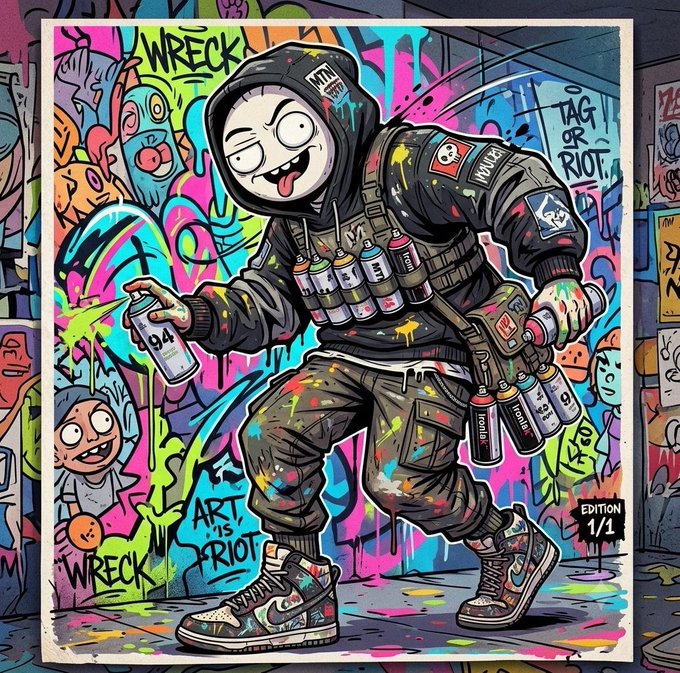 A cartoon-style illustration shows a hooded figure holding spray paint cans amidst a colorful graffiti background with text 'WRECK' and 'ART IS RIOT', marked 'EDITION 1/1'.