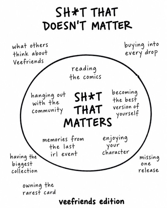 A hand-drawn Venn-style diagram contrasting 'SH*T THAT MATTERS' (inside the circle) with 'SH*T THAT DOESN'T MATTER' (outside), labeled as the 'veefriends edition,' listing values like community, self-improvement, and reading comics.