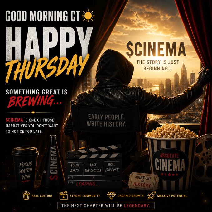 A 'GOOD MORNING CT / HAPPY THURSDAY' poster featuring a hooded figure looking at a sunset cityscape, with text like '$CINEMA', 'EARLY PEOPLE WRITE HISTORY', and 'ADMIT ONE TO HISTORY'.