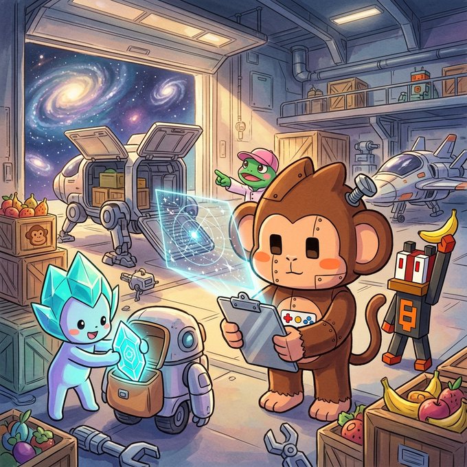 An anime-style illustration depicts a scene in a space hangar with a starry window, featuring a monkey-suited character with a clipboard, a crystal-headed creature with a robot, and a frog in a cap.
