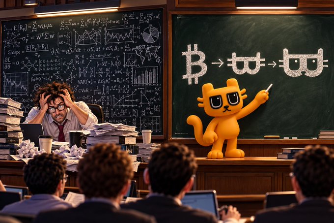 An illustrated scene of a chaotic classroom featuring a stressed professor with math equations on the chalkboard and an orange cat-like character drawing Bitcoin and blockchain symbols.