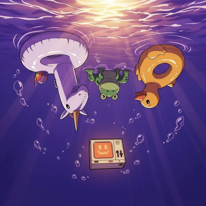 An underwater scene shows a purple narwhal, a green frog, and an orange fish-shaped life preserver floating above a vintage computer monitor displaying a smiley face, with "1+" visible on its screen. The whimsical aquatic imagery of creatures swimming toward a glowing device visually reinforces the $POOLBOT's automated launch and buyback functionality in crypto trading.