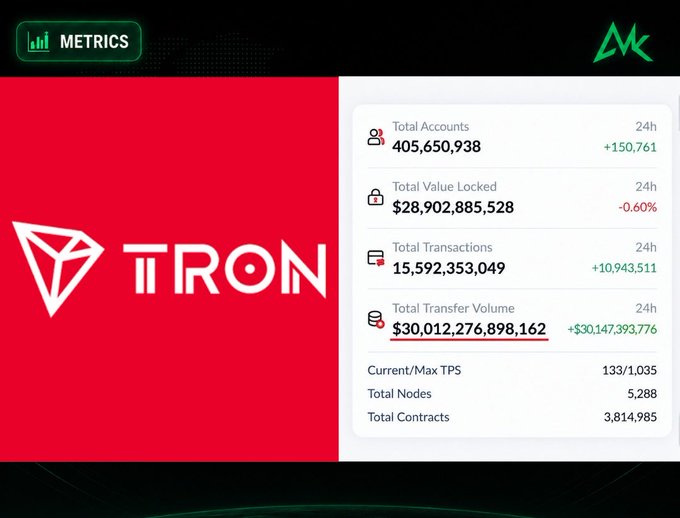 A TRON (TRX) blockchain metrics dashboard showing 405,650,938 total accounts, $28.9 billion TVL, 15.59 billion transactions, and $30 trillion transfer volume.