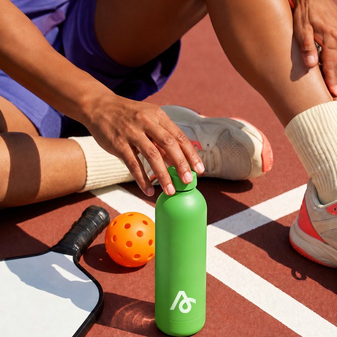 A person in purple athletic wear sitting on a track, reaching for a green water bottle next to an orange pickleball and the grip of a paddle.