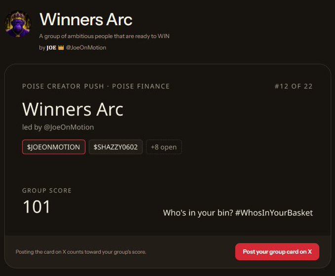 A screenshot of a Farcaster or similar social platform frame titled 'Winners Arc' led by @JoeOnMotion under the 'POISE CREATOR PUSH' campaign, showing a group score of 101.