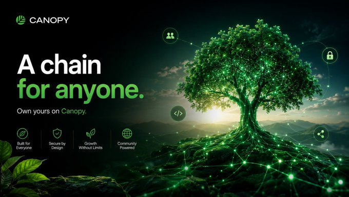 A promotional banner for 'CANOPY' blockchain with the tagline 'A chain for anyone. Own yours on Canopy.' featuring a glowing green tree with a digital network design, highlighting features like 'Built for Everyone', 'Secure by Design', 'Growth Without Limits', and 'Community Powered'.