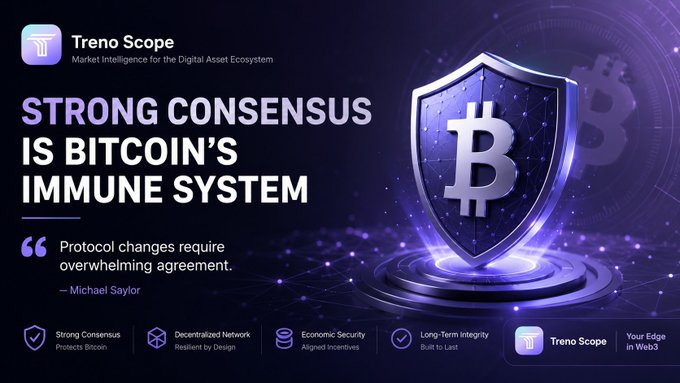 The Treno Scope graphic highlights Michael Saylor's view that Bitcoin's strong consensus mechanism acts as its "immune system," ensuring robustness and security for the digital asset network. This visually reinforces the text's emphasis on consensus as the core of network security.