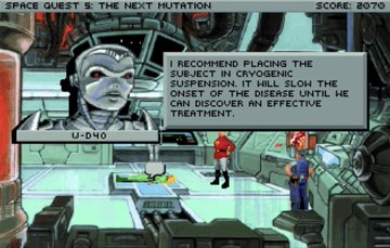 A screenshot from a point-and-click video game featuring a sci-fi lab scene with dialogue from 'U-040' recommending cryogenic suspension for a subject.